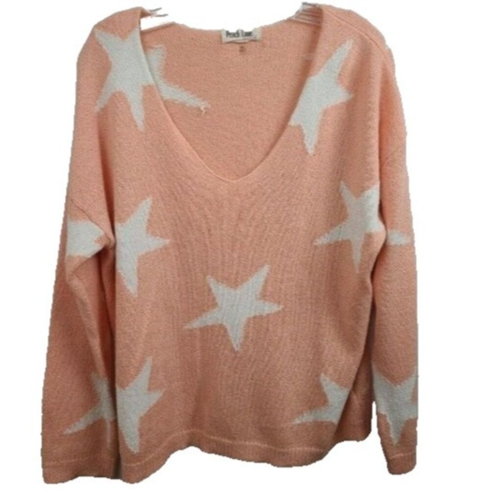 Peach Love California Womens Sweater Medium Peach White Star Print Pullover BOHO